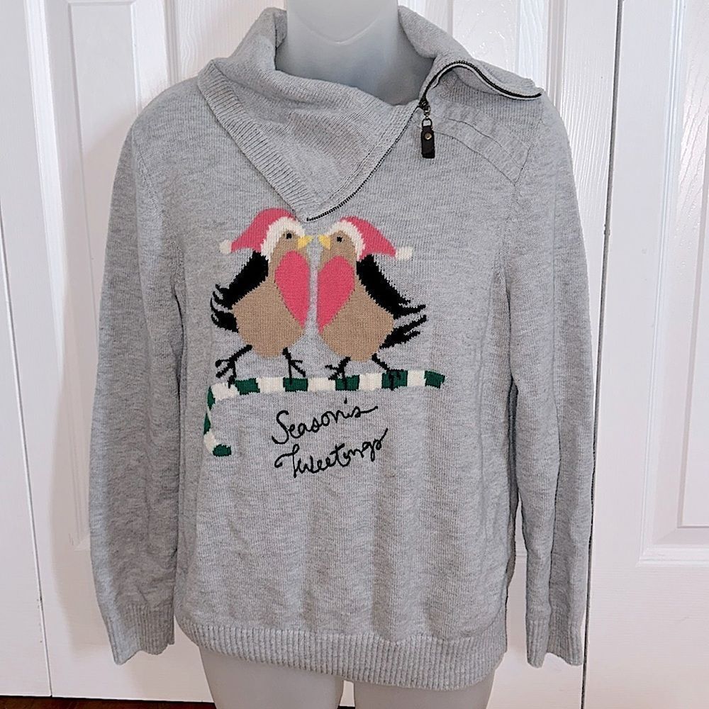 Talbots Christmas Sweater Birds Cowl Zip Lambswool Wool Gray Large Petite LP - Picture 2 of 4